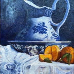 BLUE, WHITE, AND ORANGES oil painting, $400
