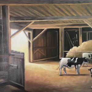COWS IN A BARN oil painting by Sandra Williams