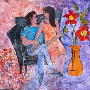 TWO FLOWERS IN A VASE, encaustic painting by Joan Zone