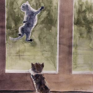 KITTY! GET DOWN! 10"x13" watercolor, $240