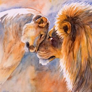 LIONS IN LOVE, 11"x15" watercolor, SOLD