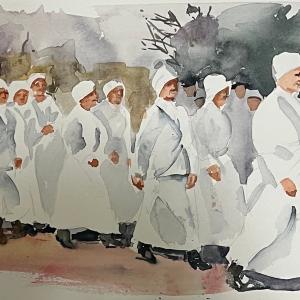 SUFFRAGETTES 9"x15" watercolor, $395