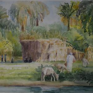 FAMILY LIFE ON THE NILE watercolor
